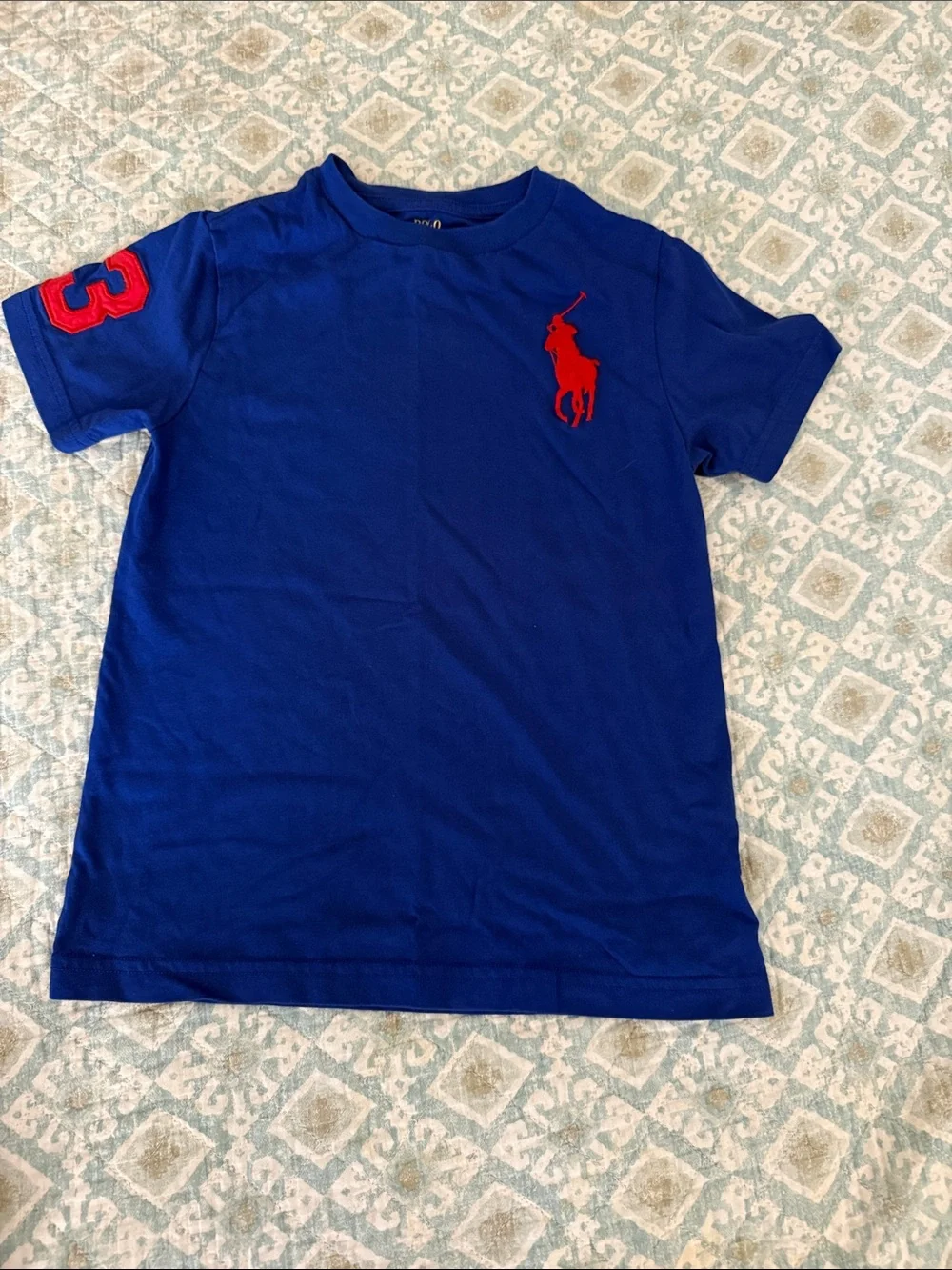 Ralph Lauren Royal Blue Tee with Red Pony & Sleeve Number